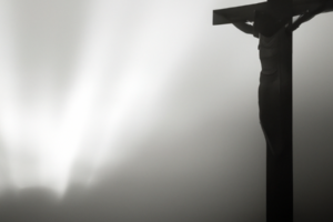 Black and white image of Jesus on the cross.