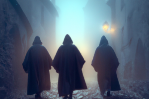 Monks walking through a misty town.