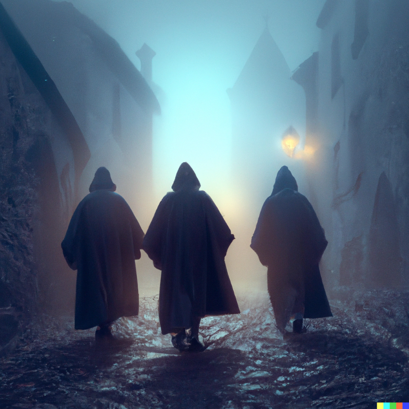 Monks walking through a misty town.