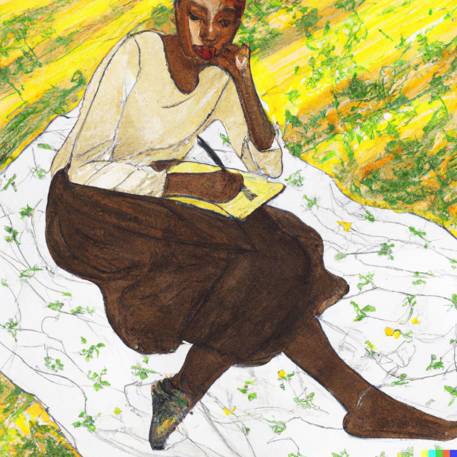 Painting of a woman sitting on a blanket in a park writing in her journal.