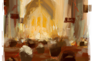 Abstract digital painting of attendees at Mass.