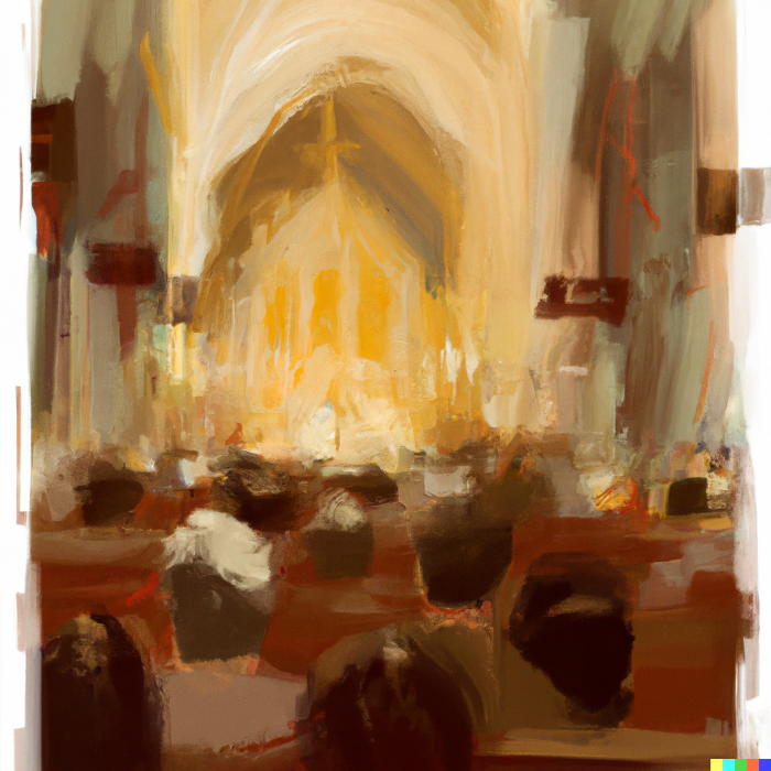 Abstract digital painting of attendees at Mass.