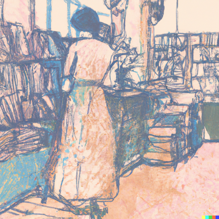 Faded pastel image of woman browsing through books